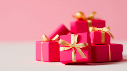 Fototapeta premium Pile of Red Christmas Gift Boxes with Shiny Gold Ribbons Isolated on Transparent Background