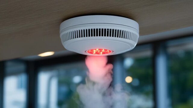 Close-up of a smoke detector activated with bright red LED and audible alarm, soft smoke visible in background, interlinked fire alarm units on ceiling glowing simultaneously, mode
