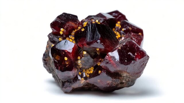 Close-up of a raw gemstone crystal similar to garnet, rugged surfaces and angular facets highlighted by soft studio light, isolated on a white background in a lightbox, high-detail