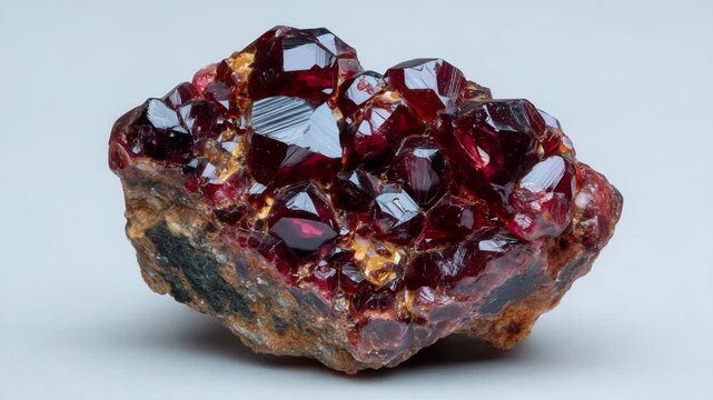 Close-up studio photograph of an unpolished garnet gemstone, organic irregular shape with reflective crystal planes, positioned on a white background inside a professional lightbox