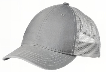A light gray baseball cap with a mesh back on transparent background