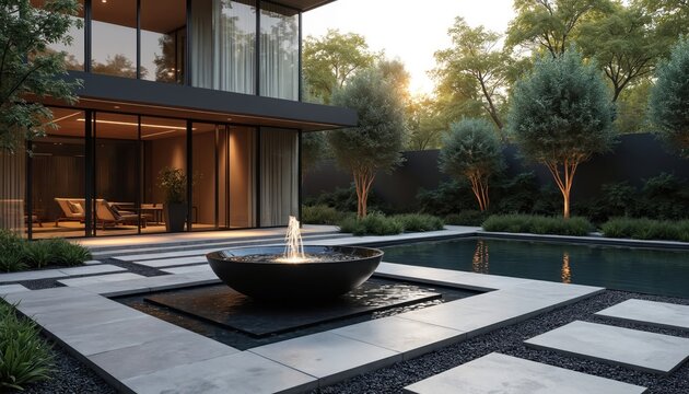 Modern house exterior with pool and water fountain. Minimalist backyard landscaping with clean lines. Luxury home outdoor area with garden and water feature at dusk.