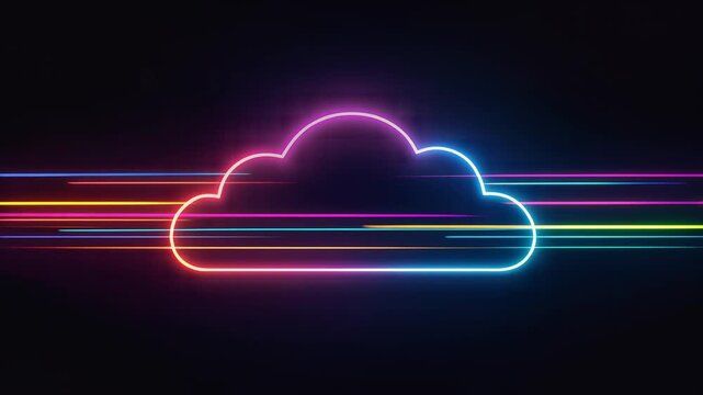 Glowing neon cloud icon with vibrant motion streaks, symbolizing cloud computing and data transfer, representing futuristic technology and digital