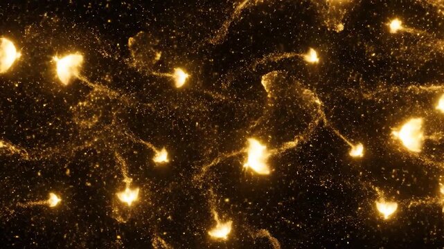 Dynamic golden glowing particles resembling arrows flow across a dark