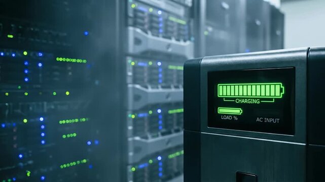 Data center energy consumption high voltage power cost concern modern server room with ups unit charging display load bar glowing green control panel focus detail backup battery monitor dark server