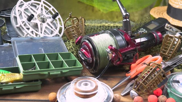 Fishing tackle is laid out on a wooden background, slowly moving along a horizontal plane. Fishing tackle for fun.