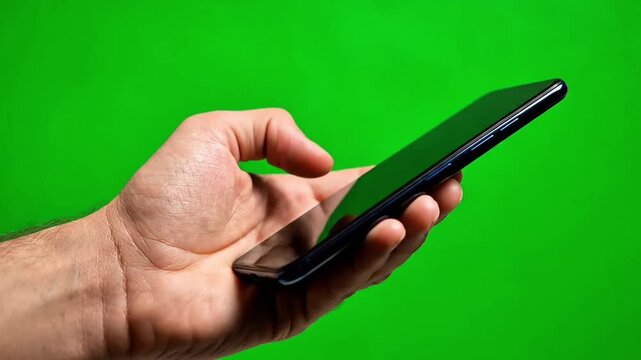 Ultra realistic close-up of a professional hand holding a modern smartphone in front of perfectly lit pure green screen background (#00FF00), natural skin texture detail