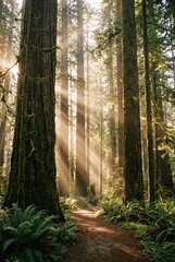 Sunlight Streaming Through Tall Forest Trees on Woodland Path