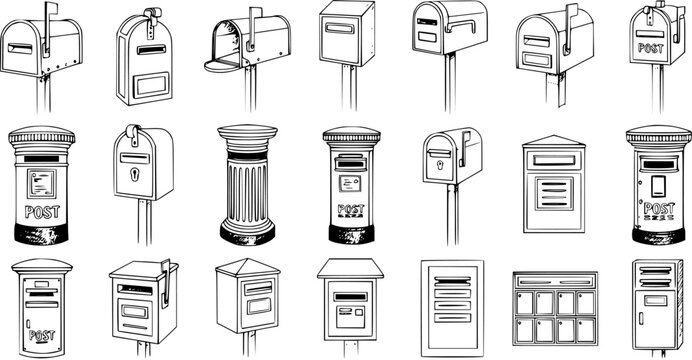 Collection of Hand-Drawn Mailboxes and Post Boxes. Various styles of postal letterboxes, from vintage pillar boxes to modern wall-mounted designs, communication and delivery icons set.