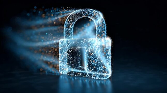 Glowing Digital Padlock Icon with Blue Light Trails Symbolizing Data Protection and Security