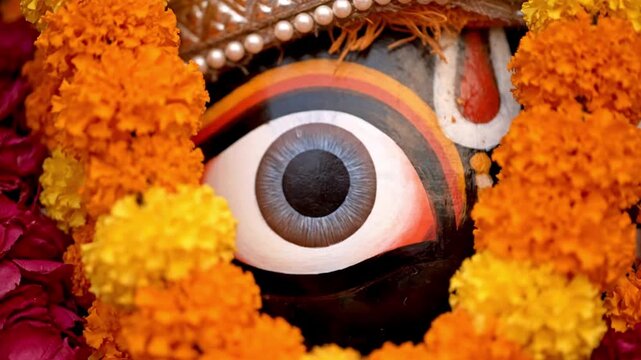 Close-Up Portrait of Hindu Deity Statue with Vibrant Floral Garland and Intricate Eye Design