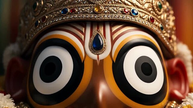 Close-Up Portrait of a Bronze Mask with Ornate Crown, Radiant Gemstones, and Soft Warm Background
