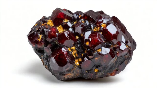 Macro close-up of a rough natural garnet crystal, complex geometry and raw mineral texture sharply rendered, isolated on a white background in a studio lightbox, diffused lighting
