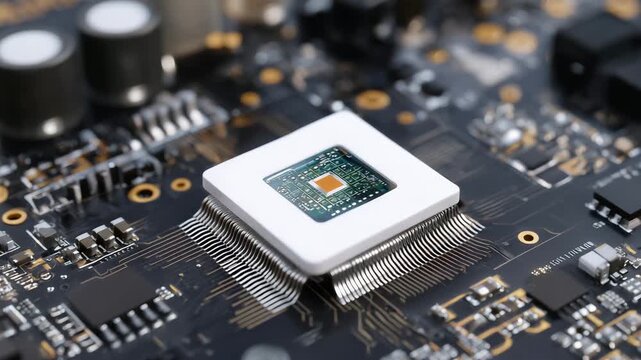 Macro close-up of an optical sensor on a PCB with flex ribbon cables, transparent microchip with visible orange die component, dark background highlighting metallic traces, extreme