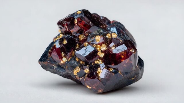 Macro close-up photograph of an uncut garnet mineral, showing natural fractures, internal inclusions, and glowing red depth, resting on a white background inside a lightbox, profes