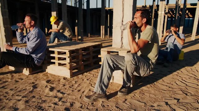 At a sunlit construction site, workers sit on pallets and steps amid concrete columns, drinking water during a break; long shadows stripe the sandy ground and an unfinished frame rises behind.