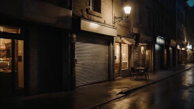 At night, a quiet, rain-slicked street shows shuttered shops and warm windows, a lone streetlamp glowing over wet pavement and empty tables, as reflections stretch along the deserted narrow lane.