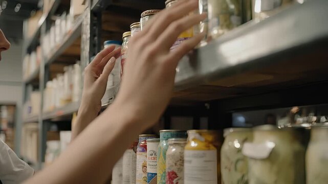 Hands reach toward a stocked metal shelf in a pantry, selecting a jar among neatly lined cans and preserves; soft warehouse light falls across labels as supplies are organized for restocking.