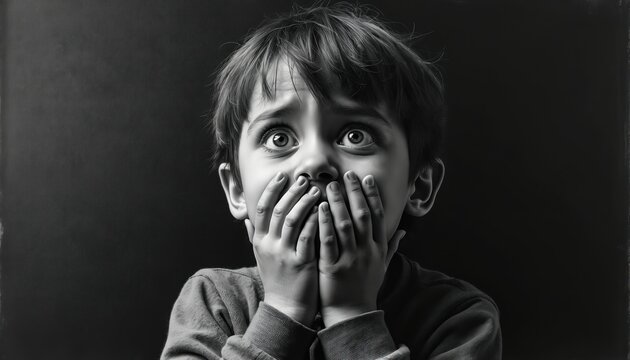 Childs face in grayscale shows fear hands cover mouth wide eyes stare. Young kid expresses fright anxiety worried emotion against dark background. Youthful boy shocked scared look.