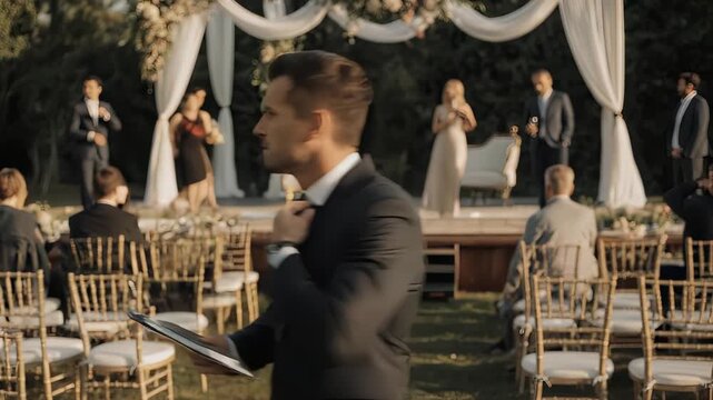 A suited coordinator adjusts his tie while walking past rows of empty chairs at an outdoor wedding; a floral arch and musicians stand on a sunlit stage as guests gather in the background.