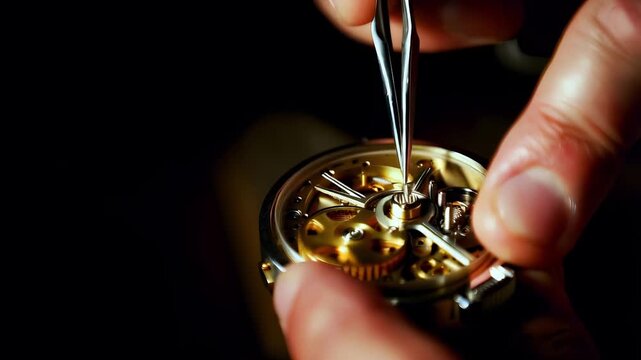 A close-up shows a watchmaker using tweezers to adjust exposed gears of a mechanical wristwatch under warm light; steady hands align a tiny spring as brass cogs glint on the dark bench.