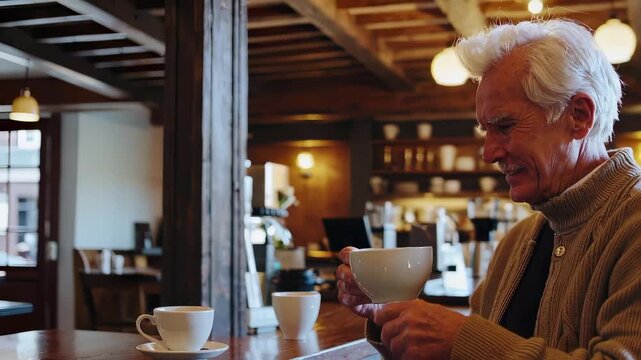 In a cozy cafe with wooden beams and soft pendant lights, an older man sits at the counter, lifting a steaming cup and saucer, savoring a quiet moment beside shelves and barware.