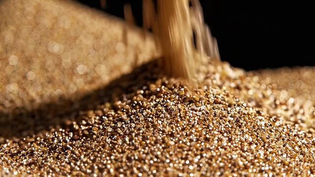 Fine golden grains cascade from a narrow stream onto a growing mound, scattering and shimmering under warm light as the textured pile shifts and flows against a deep black background.