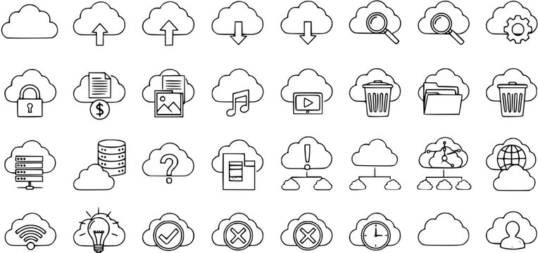 Cloud computing outline icons set, featuring various linear symbols for data storage, networking, security, search, and service concepts.