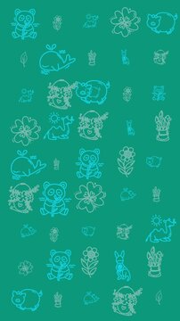 Teal Doodle Pattern Seamless Background with White Line Art Icons
