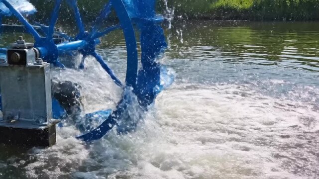 A blue paddle wheel aerator vigorously churns water, creating splashes and foam