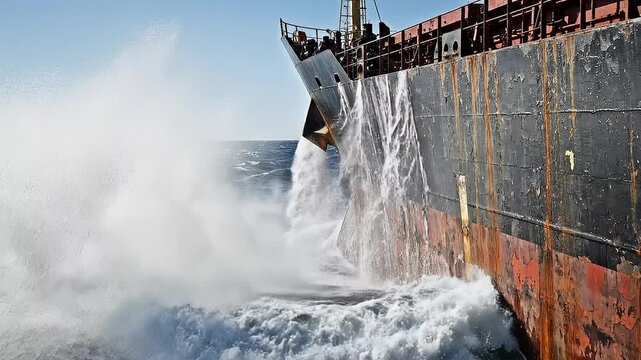 Rusty cargo ship sailing through rough ocean waters with white foam