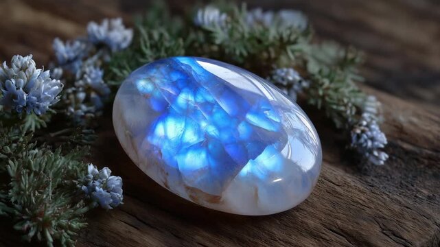 Rainbow Moonstone macro with soft glowing highlights, dreamy spiritual aesthetic