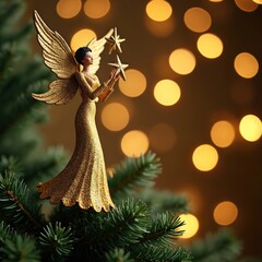 Naklejka premium Golden angel figurine on fir tree branch. Holding stars with winged body. Festive lights sparkle in background. Christmas tree topper decoration adds magic.