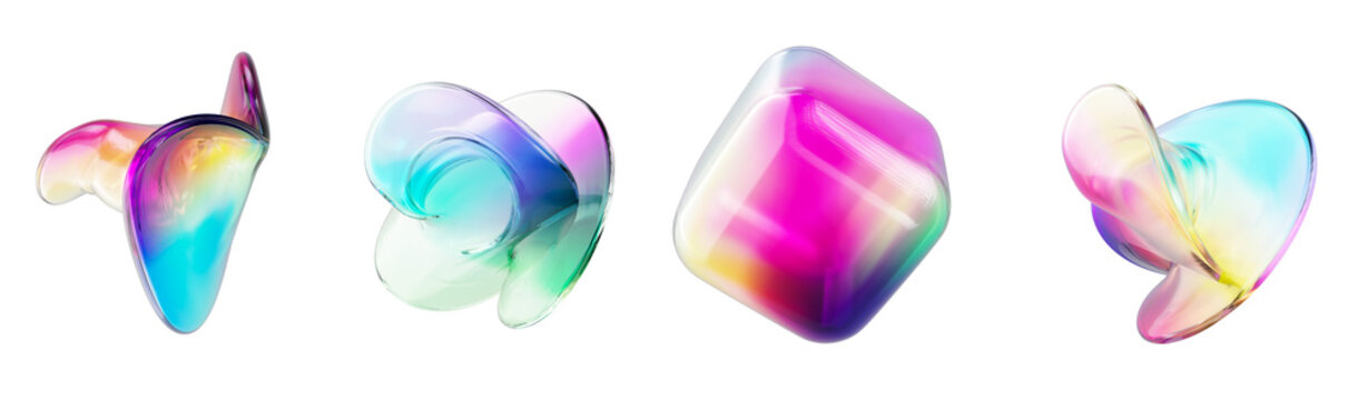 Translucent holographic glass geometries including cube and twisted liquid forms. Perfect for creative agency portfolio, tech branding, or app interface element. 3d rendering