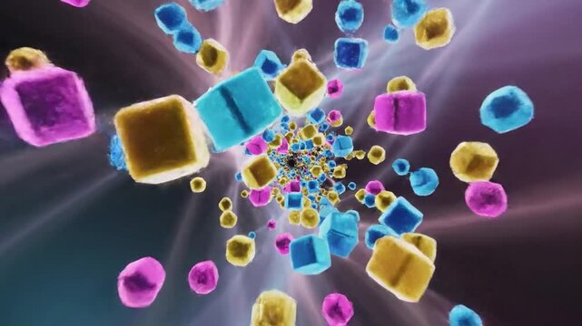 Colorful fuzzy cubes fly rapidly through a vibrant abstract tunnel of light