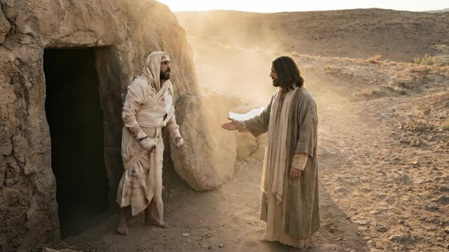 Jesus Christ wearing long ancient robes stands in a dusty desert landscape reaching out his hand to Lazarus who emerges from a dark stone tomb wrapped in burial cloths after resurrection
