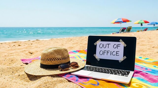 A modern laptop with an out of office note taped to the screen rests on a colorful towel next to a straw hat and sunglasses on a sunny tropical beach