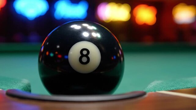 Close-up of a black eight ball on a pool table with blurred background lights.