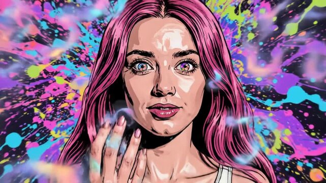 Colorful Psychadelic Brainwave Art Woman Surprised Expression