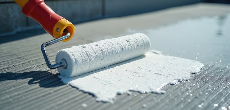 Worker applies white waterproof coating on flat roof with paint roller. Building material protects surface from water damage. Flat roof waterproofing ensures longevity and prevents leaks.
