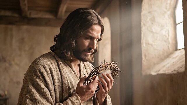 Jesus Christ wearing a simple rustic tunic stands inside a softly lit stone room looking down holding a sharp crown of thorns representing his ultimate holy biblical sacrifice