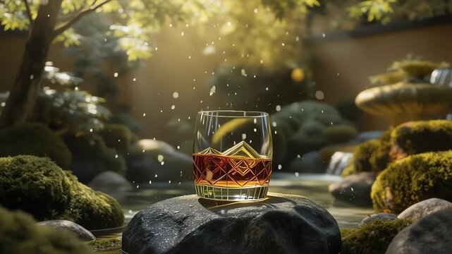 A decorative glass of amber whiskey with ice cubes floats above a rock in a tranquil garden with a waterfall.
