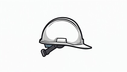 Simple white construction helmet line art on white background. Protective headwear for building site workers. Hard hat for safety on project jobs.