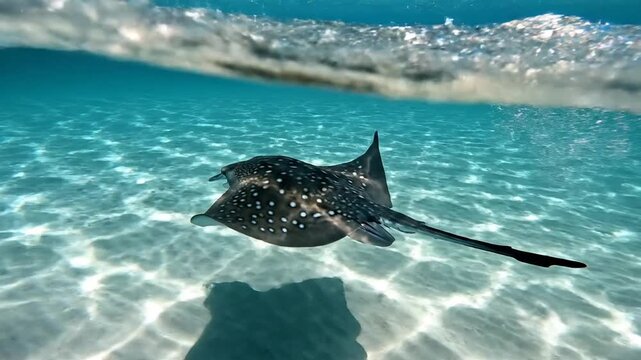 Spotted Eagle Ray Swimming in Shallow Water.