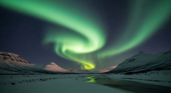 Vibrant green aurora borealis swirls across a pristine arctic winter landscape, casting an ethereal glow over snow-covered mountains and a calm frozen river under a star-filled night sky