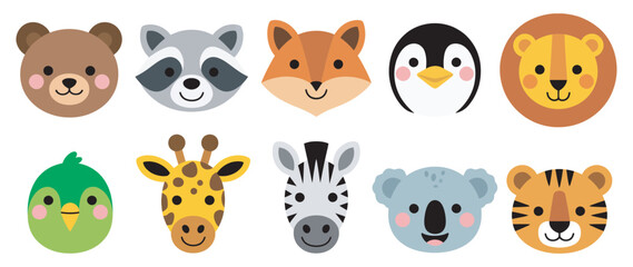 Fototapeta premium Cute Animal Face Outline Icon Set, Bear, Fox, Penguin, Lion, Tiger, Simple Vector Icons, Animal Face Illustrations for UI and Web Design