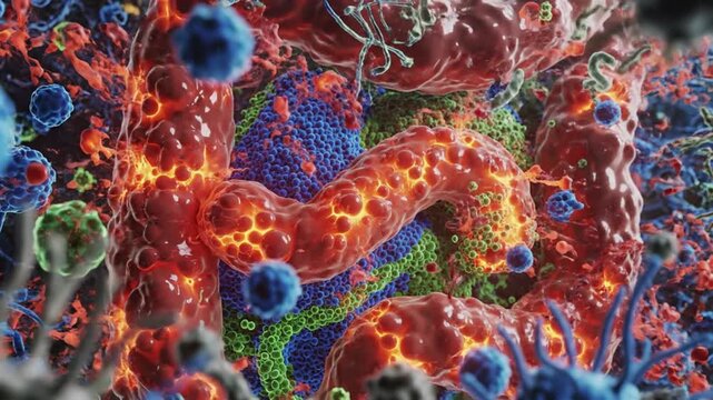 Microscopic view of viruses infecting cells in a biological process