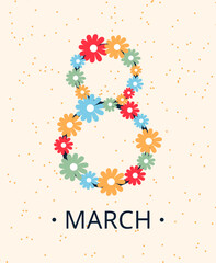 Illustration of a greeting card for Women's Day with flowers on a light beige background.