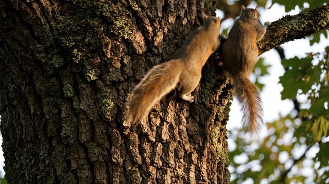 Two squirrels climb down an oak tree in nature. Animals foraging in forest.