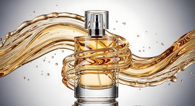 Golden perfume bottle with dynamic honey like liquid splash and droplets on light gray background for luxury scent